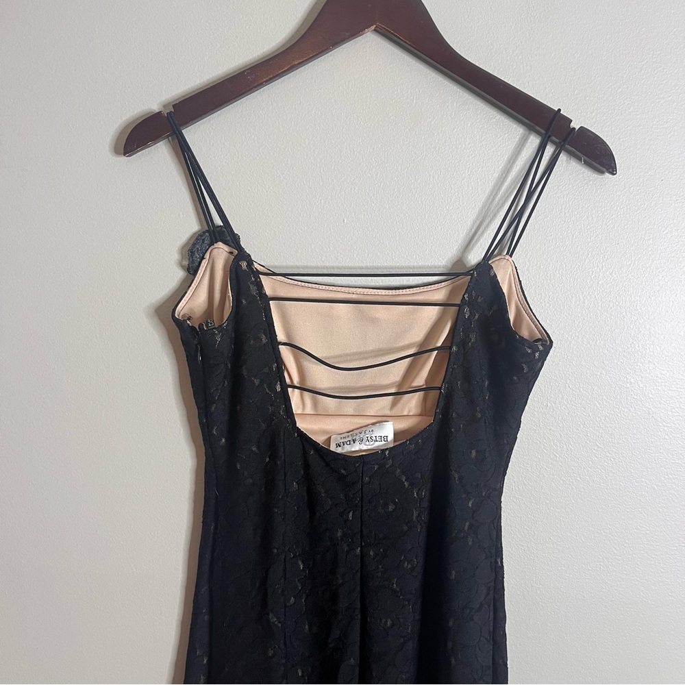 Vintage Y2K Size Small Black Lace Strappy Rosette Fitted Long Maxi Dress Gown - Picture 3 of 7